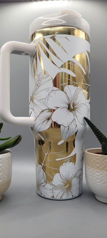 White & Gold Hibiscus 40oz Insulated Tumbler with Handle  Floral Double Wall Stainless Steel Cup, Gift for Mom or Sister