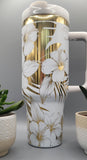 White & Gold Hibiscus 40oz Insulated Tumbler with Handle  Floral Double Wall Stainless Steel Cup, Gift for Mom or Sister