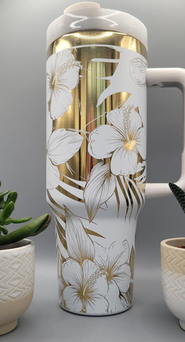 White & Gold Hibiscus 40oz Insulated Tumbler with Handle  Floral Double Wall Stainless Steel Cup, Gift for Mom or Sister