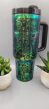 Sugar skulls Halloween black and green blue blue 40oz Double Wall Insulated Tumbler with Handles Gift for mom, sister