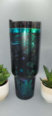 Turtles, under the sea black and green blue 40oz Double Wall Insulated Tumbler with Handles Gift for mom, sister