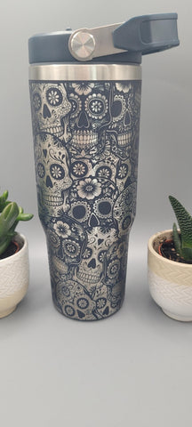 Halloween,  sugar skulls, Tattoo Laser Engraved 30oz Double Wall Insulated Tumbler kids tumblers, gifts for boys