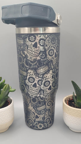 Halloween,  sugar skulls, Tattoo Laser Engraved 30oz Double Wall Insulated Tumbler kids tumblers, gifts for boys