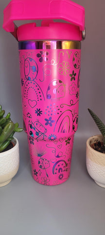 Error mug - ladybug, Rainbows,pink and rainbow Laser Engraved 30oz Double Wall Insulated Tumbler Custom Seamless Tumbler