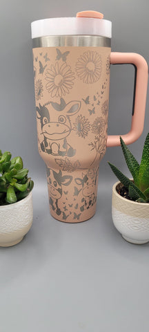 Cute Cow, Farm yard, Floral 40oz Double Wall Insulated Tumbler with Handles Gift for mom, Granny, sister, Niece
