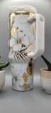 White & Gold Hibiscus 40oz Insulated Tumbler with Handle  Floral Double Wall Stainless Steel Cup, Gift for Mom or Sister