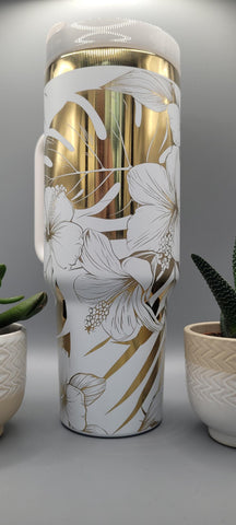 White & Gold Hibiscus 40oz Insulated Tumbler with Handle  Floral Double Wall Stainless Steel Cup, Gift for Mom or Sister