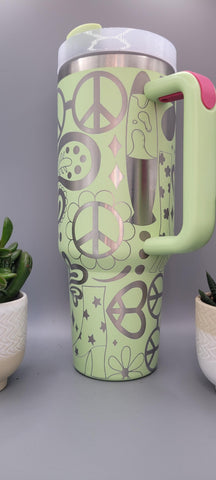 Love, Peace bus, Retro 70's Boho 40oz Double Wall Insulated Tumbler with Handles Gift for mom, Granny, sister, Niece