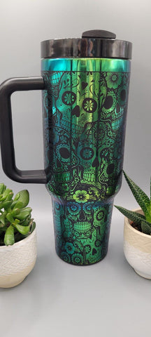 Sugar skulls Halloween black and green blue blue 40oz Double Wall Insulated Tumbler with Handles Gift for mom, sister