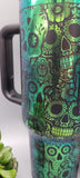 Sugar skulls Halloween black and green blue blue 40oz Double Wall Insulated Tumbler with Handles Gift for mom, sister