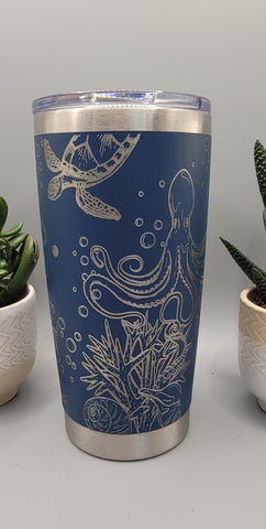 Turtles and octopus, Laser Engraved Ocean Tumbler  20oz Double Wall Insulated Travel Mug with Turtles & Octopus Marine Biology Gift Sea