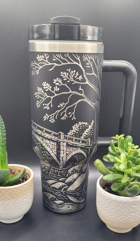 Old Bridge over River art gift, engraved Tree 40oz Double Wall Insulated Tumbler with Handles Gift for mom, Granny, sister, Niece