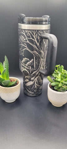 Old Bridge over River art gift, engraved Tree 40oz Double Wall Insulated Tumbler with Handles Gift for mom, Granny, sister, Niece