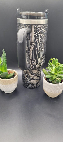 Old Bridge over River art gift, engraved Tree 40oz Double Wall Insulated Tumbler with Handles Gift for mom, Granny, sister, Niece