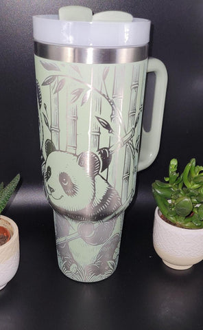 Panda  and Bamboo 40oz Double Wall Insulated Tumbler with Handles Gift for mom, Granny, sister, Niece