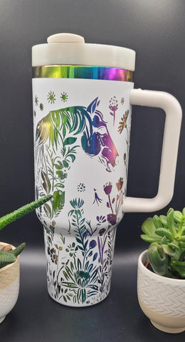 Horse and flowers, Horse Lover, Horseriding 40oz Double Wall Insulated Tumbler with Handles Gift for mom, sister