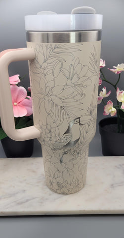 Cherry blossoms Birds, Toucan, Parrot, Bird of Paradise, Tropical Plants 40oz Laser Engraved 40oz Double Wall Insulated Tumbler with Handles