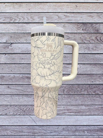 Original Stanley Engraved Stanley Peony 40oz Floral Tumbler: Double-Wall Insulated Cup with Handle for Summer
