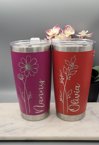 Personalized Birth Flower 20oz Tumbler,  Insulated Stainless Steel Mug Tumbler, Laser Engraved Tumbler, Birth Flower Mug