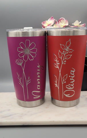 Personalized Birth Flower 20oz Tumbler,  Insulated Stainless Steel Mug Tumbler, Laser Engraved Tumbler, Birth Flower Mug