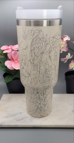 Cherry blossoms Birds, Toucan, Parrot, Bird of Paradise, Tropical Plants 40oz Laser Engraved 40oz Double Wall Insulated Tumbler with Handles