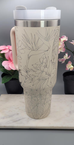 Cherry blossoms Birds, Toucan, Parrot, Bird of Paradise, Tropical Plants 40oz Laser Engraved 40oz Double Wall Insulated Tumbler with Handles