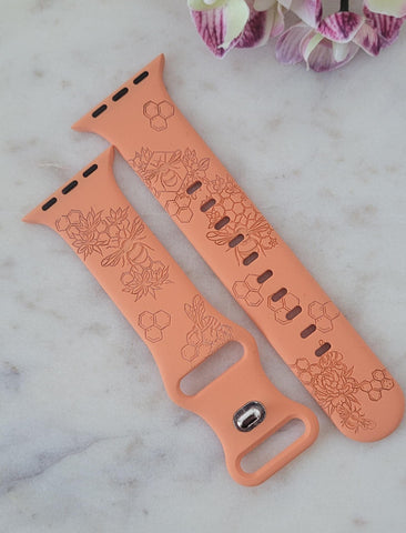 Engraved Honey Bees, Bumble bee Gift Design for Apple Watch Silicone Sports Band/Strap  38mm/40mm/41mm/42mm/44mm/45mm/46mm/49mm