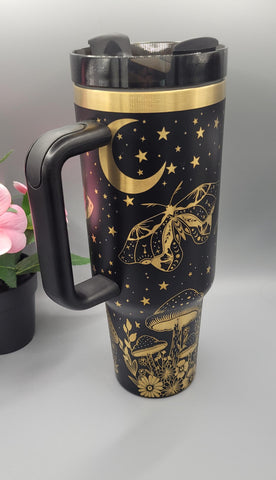 Moths, Moonlight, Mushrooms, Boho groovy 40oz Double Wall Insulated Tumbler with Handles Gift for mom, Granny, sister, Niece