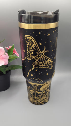 Moths, Moonlight, Mushrooms, Boho groovy 40oz Double Wall Insulated Tumbler with Handles Gift for mom, Granny, sister, Niece