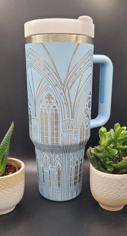 Cathedral, Stained glass window, church, Goth, Vintage Engraved Boho gift 40oz Double Wall Insulated Tumbler with Handles Gift