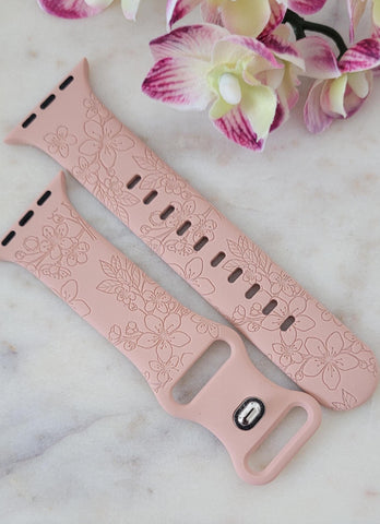 Engraved Cherry Blossoms, flowers Gift Design for Apple Watch Silicone Sports Band/Strap  38mm/40mm/41mm/42mm/44mm/45mm/46mm/49mm