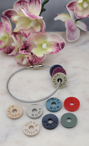 Country City Town Travel Tokens for Keyrings Engraved Travel Rings, Travel Gift Made from Acrylic Over 30 colours
