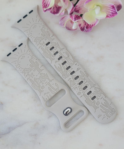 Engraved Cactus, Western Gift Design for Apple Watch Silicone Sports Band/Strap  38mm/40mm/41mm/42mm/44mm/45mm/46mm/49mm