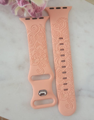 Engraved Paisley Flowers Design for Apple Watch Silicone Sports Band/Strap  38mm/40mm/41mm/42mm/44mm/45mm/46mm/49mm Boho