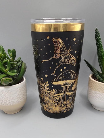 Moonlight Moths and mushrooms black and gold Laser Engraved 20oz Double Wall Insulated Tumbler Travel mug,Seamless Tumbler ,Gift