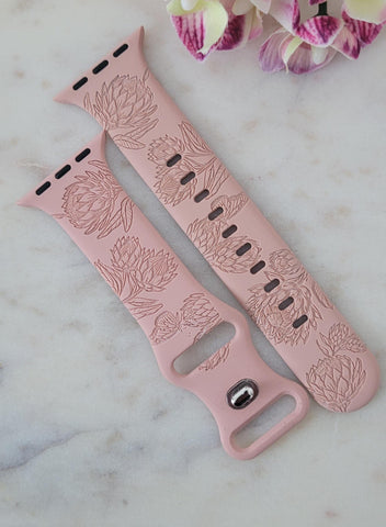 Engraved Protea Flowers Gift Design for Apple Watch Silicone Sports Band/Strap  38mm/40mm/41mm/42mm/44mm/45mm/46mm/49mm Garden Boho