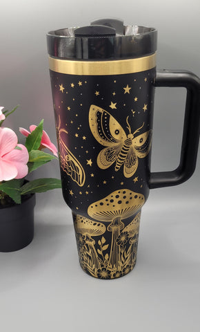 Moths, Moonlight, Mushrooms, Boho groovy 40oz Double Wall Insulated Tumbler with Handles Gift for mom, Granny, sister, Niece