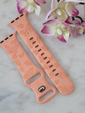 Engraved Butterflies and Rose's, Butterfly Gift for Apple Watch Silicone Sports Band/Strap  38mm/40mm/41mm/42mm/44mm/45mm/46mm/49mm