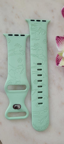 Engraved Horses, Foals and flowers Gift Design for Apple Watch Silicone Sports Band/Strap  38mm/40mm/41mm/42mm/44mm/45mm/46mm/49mm