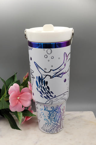 Sharks tumbler, under the ocean, sea theme, Boho, white and rainbow Laser Engraved 30oz Double Wall Insulated Tumbler Seamless Tumbler