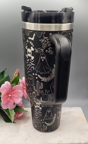 Halloween Ghost Floral 40oz Tumbler with Handle  Double Wall Insulated, Halloween tumbler, ghost tumbler, floral ghost mug