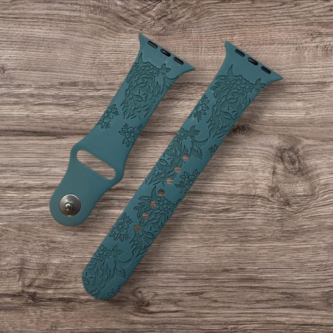 Engraved Floral Highland cow Gift Design for Apple Watch Silicone Sports Band/Strap  38mm/40mm/41mm/42mm/44mm/45mm/46mm/49mm