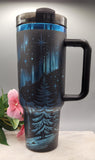 Northern lights tumbler, wilderness tumbler - Black on rainbow base  40oz Double Wall Insulated Tumbler with Handles Mountains
