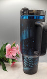 Northern lights tumbler, wilderness tumbler - Black on rainbow base  40oz Double Wall Insulated Tumbler with Handles Mountains