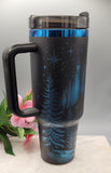 Northern lights tumbler, wilderness tumbler - Black on rainbow base  40oz Double Wall Insulated Tumbler with Handles Mountains