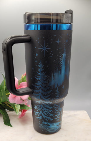 Northern lights tumbler, wilderness tumbler - Black on rainbow base  40oz Double Wall Insulated Tumbler with Handles Mountains