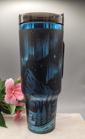 Northern lights tumbler, wilderness tumbler - Black on rainbow base  40oz Double Wall Insulated Tumbler with Handles Mountains