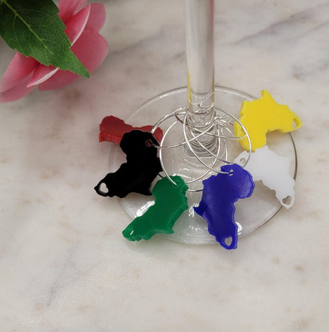 African Map wine glass charms - Love Africa made from acrylic African map silhouette wine charms  - Choose your colours. Set of 6 charms