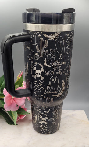 Halloween Ghost Floral 40oz Tumbler with Handle  Double Wall Insulated, Halloween tumbler, ghost tumbler, floral ghost mug