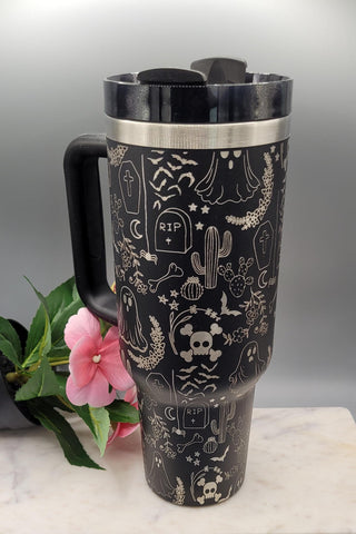 Halloween Ghost Floral 40oz Tumbler with Handle  Double Wall Insulated, Halloween tumbler, ghost tumbler, floral ghost mug